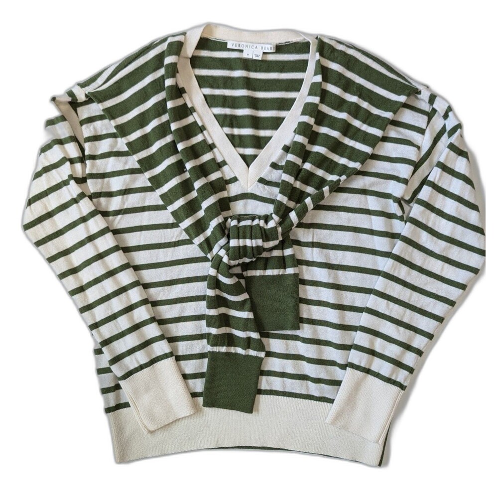 Veronica Beard Leni Striped Twofer Tie Sweater Cream Green Merino Wool Medium
